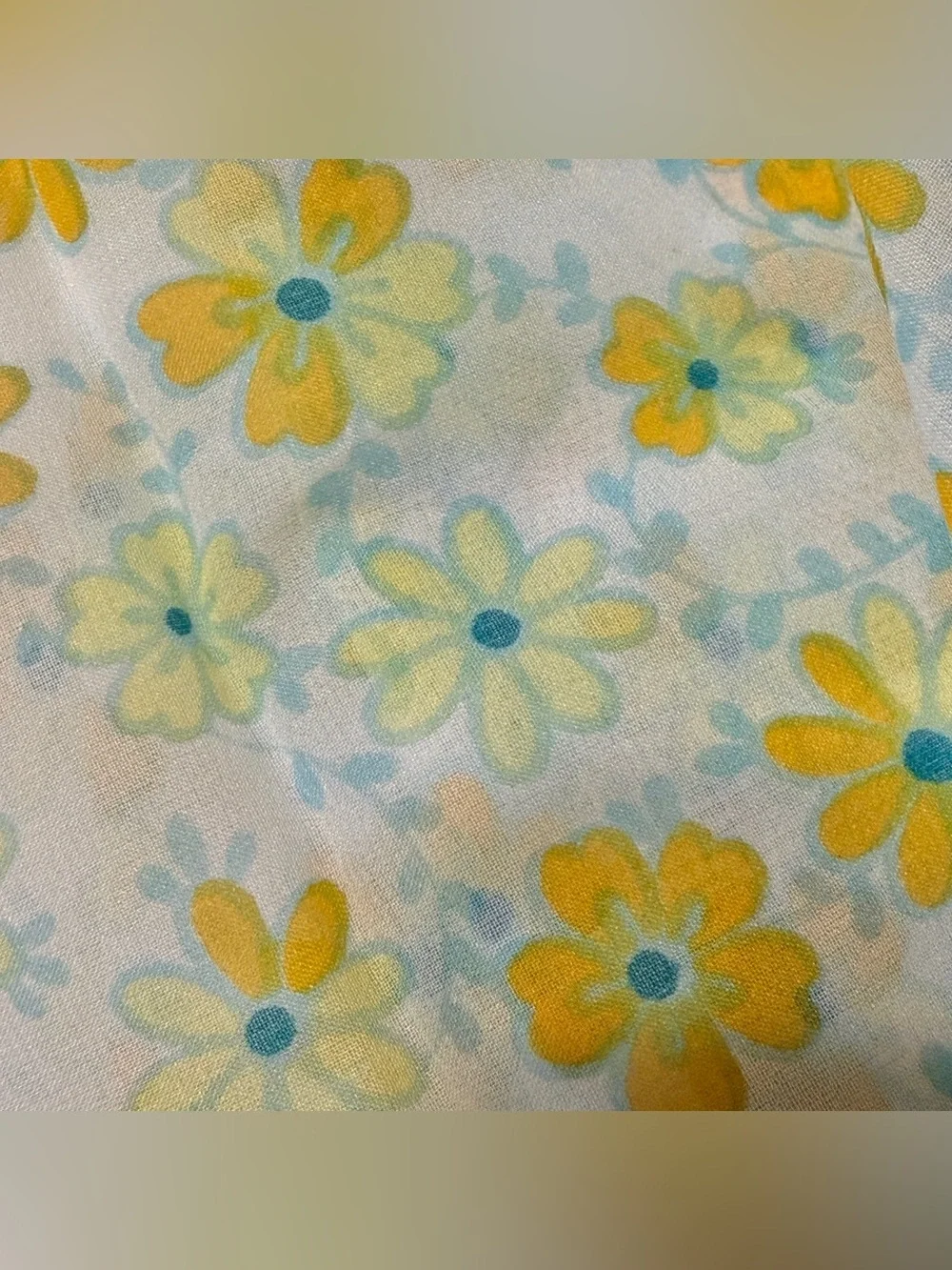 1960’s Mod Flower Power Head Scarf in Yellow, Blue and White, Made in Japan